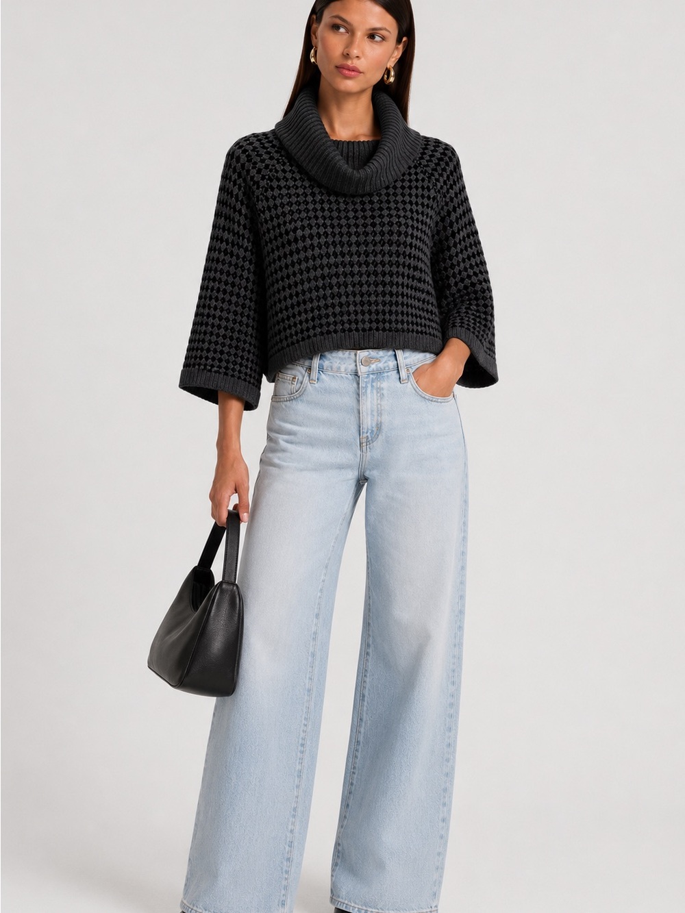 Alice + Olivia Chunky Knit Cowl Neck Poncho Sweater Cropped Gray Black Size S
